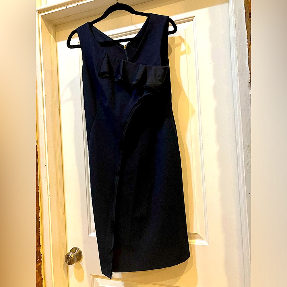Donna Karan New York Navy Asymmetrical Raw Edge Dress - size 8, like new - Picture 2 of 2